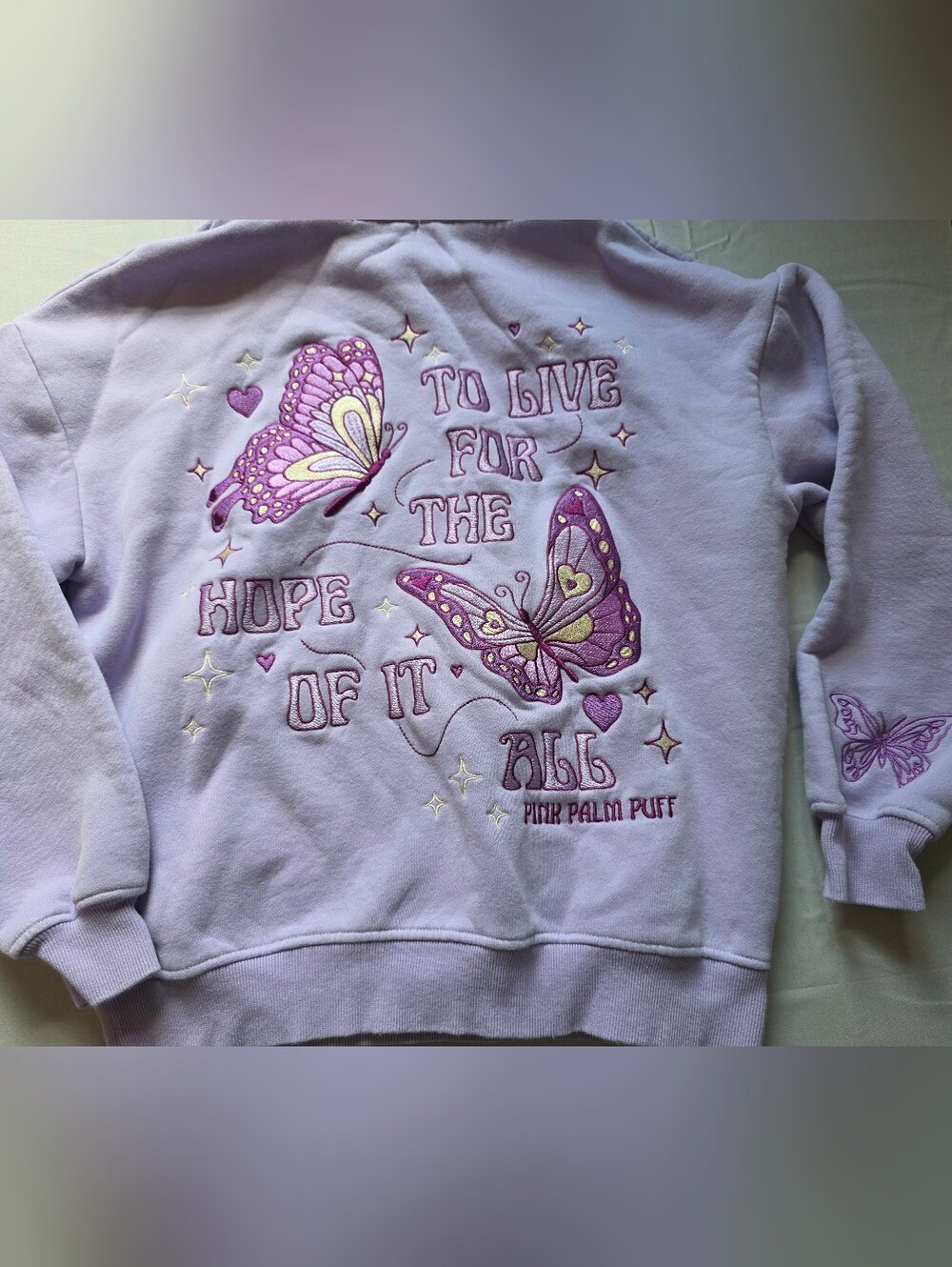 Pink Palm Puff Lavender Butterfly Hoodie "Live For The Hope" XS
